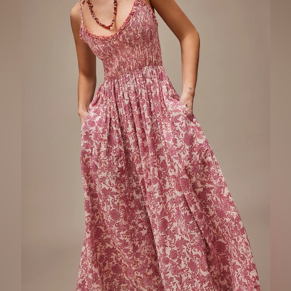 Free People Women's Large Sweet Nothings Floral Smocked Midi Boho Cotton Pockets